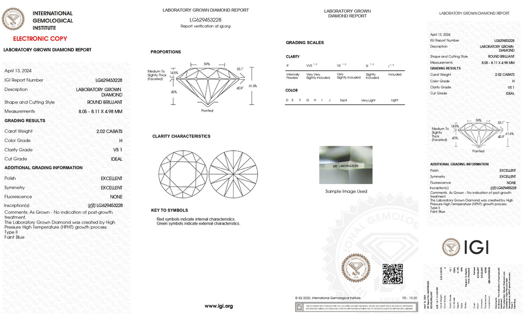 IGI Certified 2.02 Carat Round Lab-Grown Diamond - VS1 Clarity, H Color, Ideal Cut