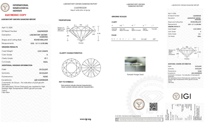 IGI Certified 2.02 Carat Round Lab-Grown Diamond - VS1 Clarity, H Color, Ideal Cut