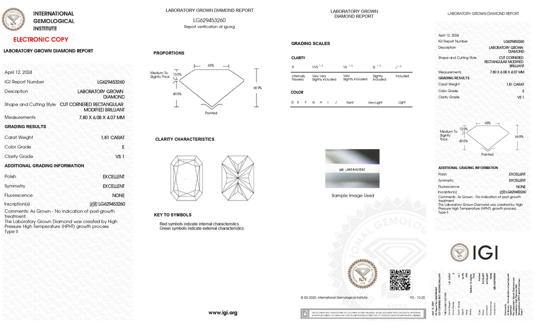 Radiant Cut Lab-Grown Diamond - 1.81 CT, IGI Certified, VS1/E Color