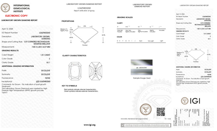 Radiant Cut Lab-Grown Diamond - 1.81 CT, IGI Certified, VS1/E Color