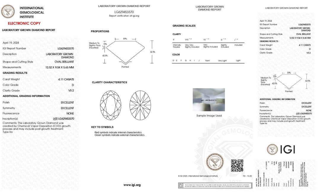 Diamante cultivado en laboratorio de talla ovalada de 4,11 quilates con certificación IGI, color D, claridad VS2