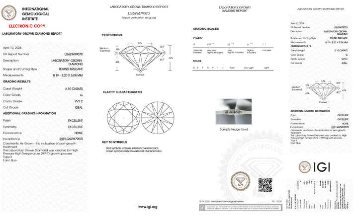 2.10 CT Round Cut Lab-Grown Diamond - IGI Certified, VVS2 Clarity, G Color