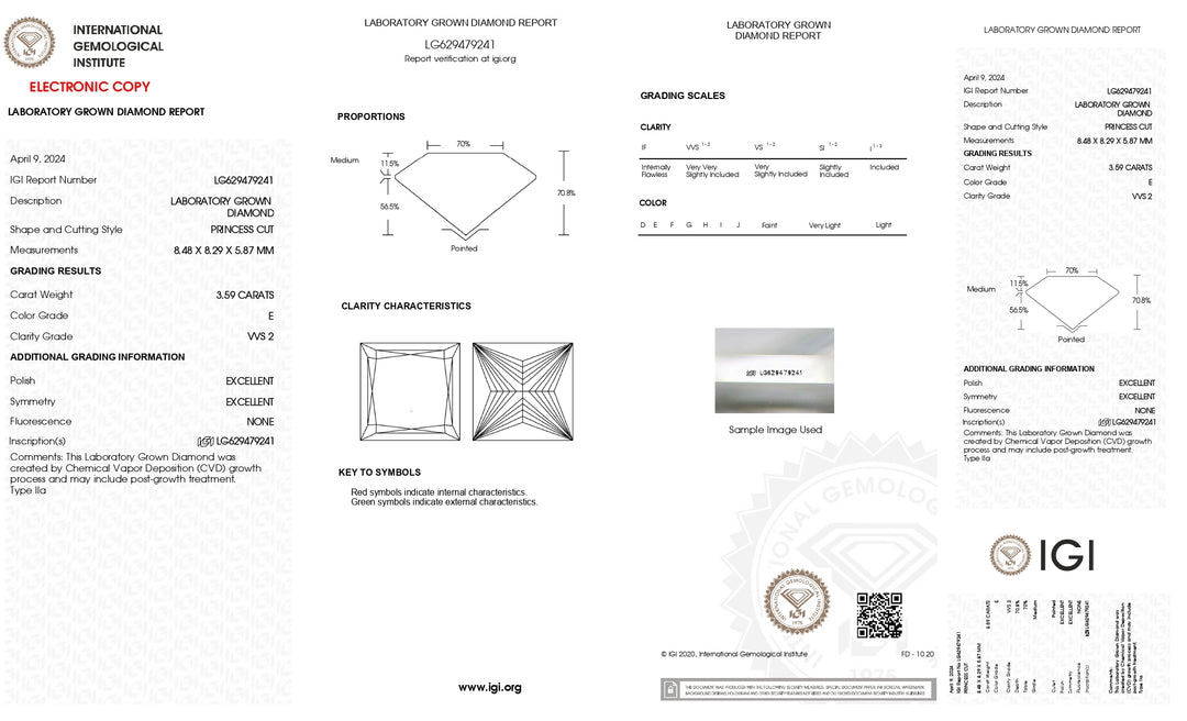 Diamant cultivé en laboratoire certifié IGI 3,59 CT taille princesse - Clarté VVS2, couleur E