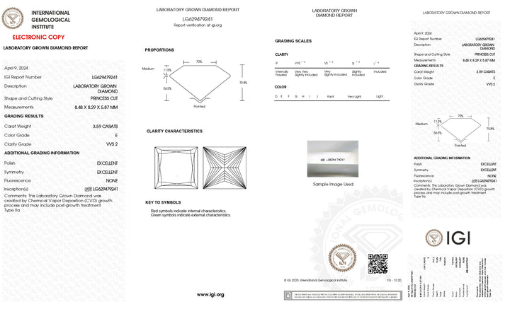 Diamant cultivé en laboratoire certifié IGI 3,59 CT taille princesse - Clarté VVS2, couleur E