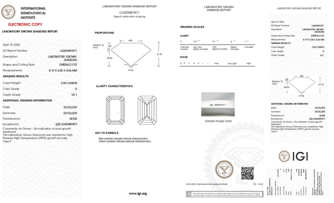 Diamant cultivé en laboratoire certifié IGI de 2,00 CT - Taille émeraude, couleur D, clarté VS1