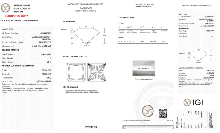 IGI Certified 1.50 CT Princess Cut Lab-Grown Diamond - E Color, VS1 Clarity Grade