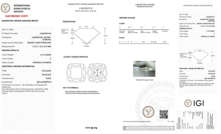 IGI Certified 2.10 Carat Cushion Cut Lab Grown Diamond - E Color, IF Clarity