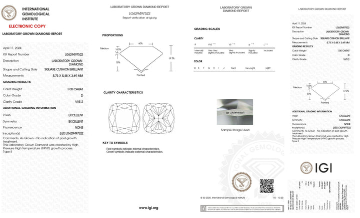 Elegant 1.00 CT Cushion Cut Lab Grown Diamond - IGI Certified, VVS2 Clarity, D Color