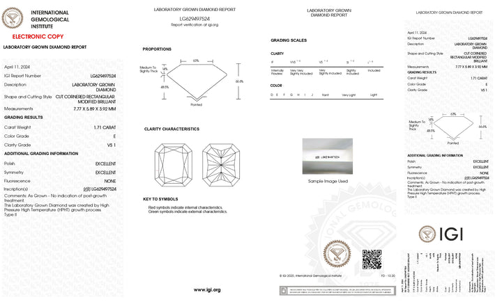 Radiant Cut Lab-Grown Diamond - 1.71 CT, IGI Certified, VS1/E Color