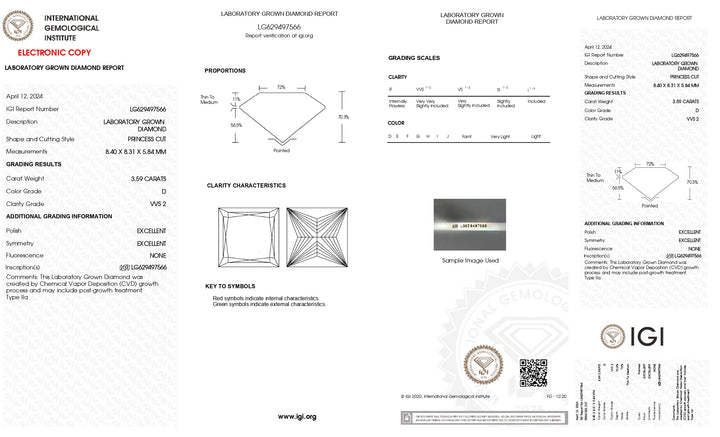 IGI Certified 3.59 CT Princess Cut Lab-Grown Diamond - VVS2 Clarity, D Color