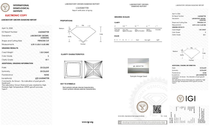 IGI Certified 1.50 CT Princess Cut Lab-Grown Diamond - E Color, VS1 Clarity