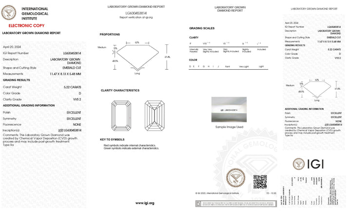 Diamante cultivado en laboratorio de talla esmeralda de 5,22 quilates con certificación IGI: claridad VVS2, color D