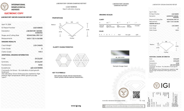 Diamante cultivado en laboratorio de talla hexagonal de 2,03 quilates con certificación IGI: VVS2, color D