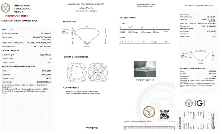 Diamante cultivado en laboratorio de talla cojín de 2,25 quilates con certificación IGI: color E, claridad VS2