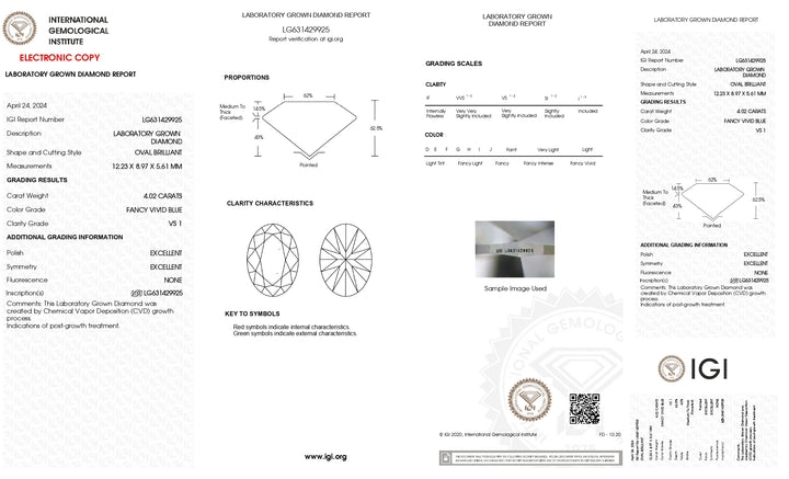 Diamante cultivado en laboratorio de talla ovalada de 4,02 quilates con certificación IGI: azul intenso elegante, claridad VS1