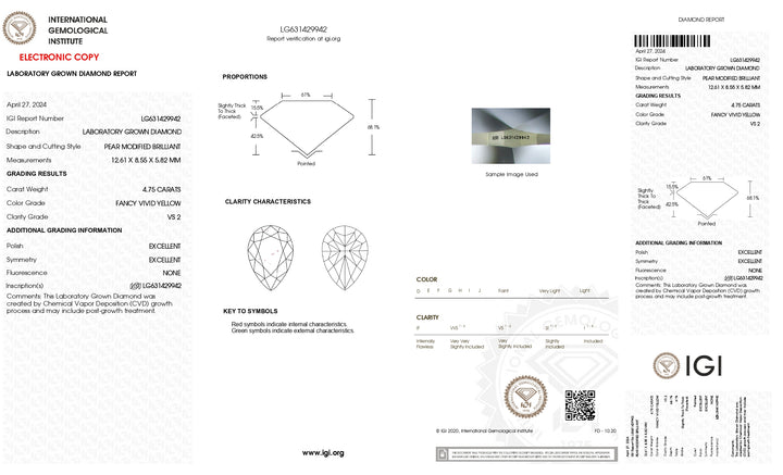 IGI Certified 4.75 CT Pear Cut Lab-Grown Diamond – VS2 Clarity, Fancy Vivid Yellow Color