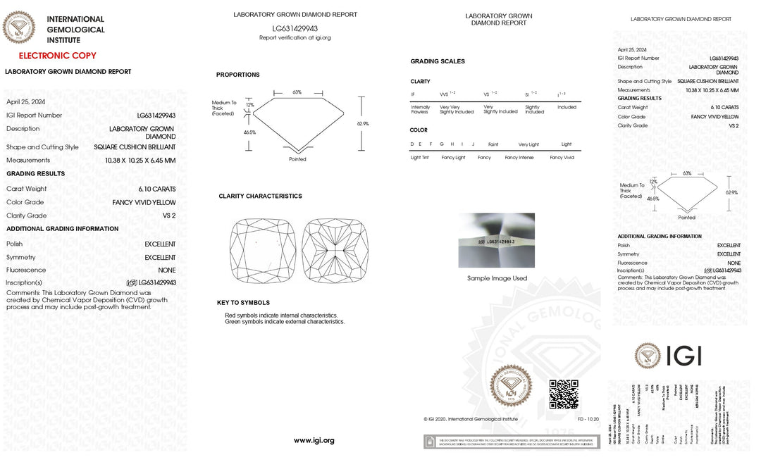 Stunning 6.10 CT Cushion Cut Lab-Grown Diamond: IGI Certified, VS2 Clarity, Fancy Vivid Yellow