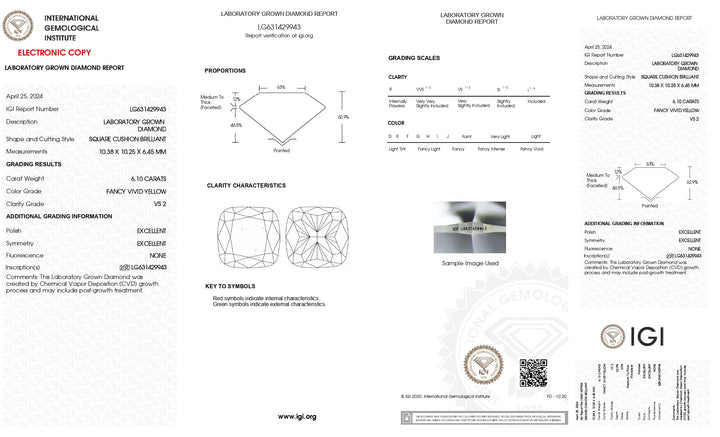 Stunning 6.10 CT Cushion Cut Lab-Grown Diamond: IGI Certified, VS2 Clarity, Fancy Vivid Yellow