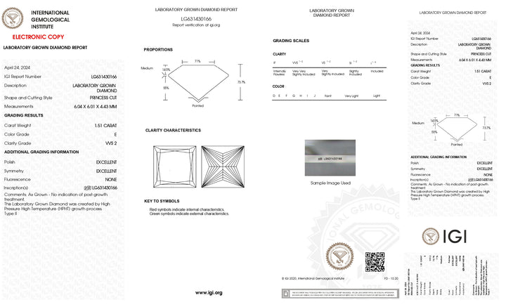 IGI Certified 1.51 CT Princess Cut Lab Grown Diamond - VVS2 Clarity, E Color