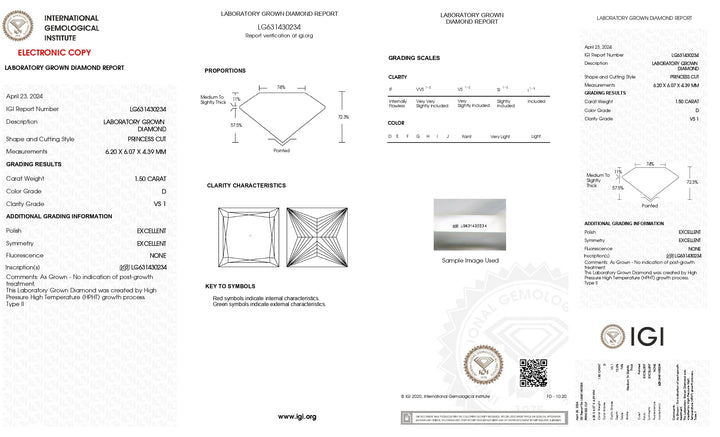 IGI Certified 1.50 CT Princess Cut Lab-Grown Diamond - D Color, VS1 Clarity Grade