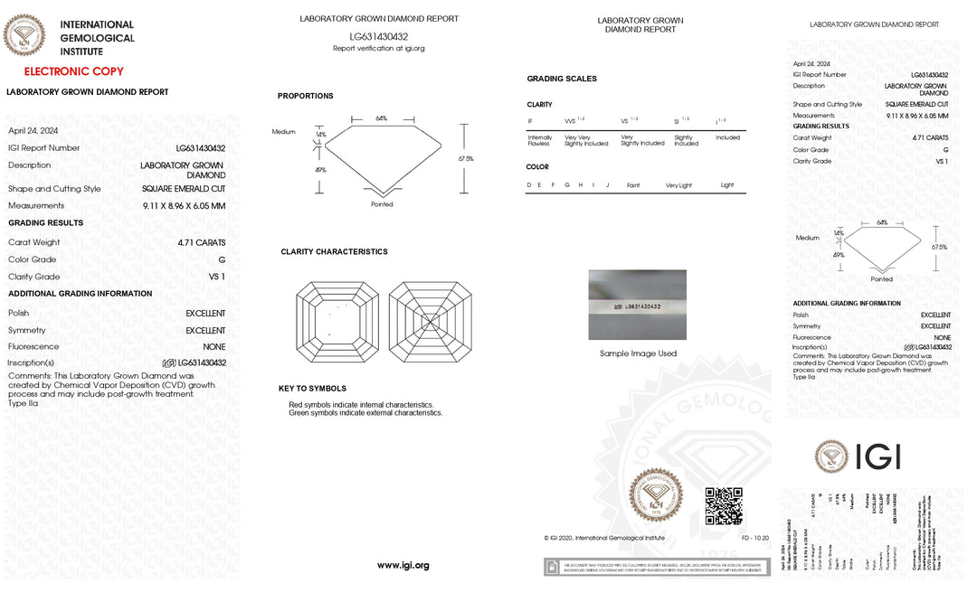 Diamante cultivado en laboratorio de talla esmeralda cuadrada de 4,71 quilates con certificación IGI (color VS1, G)