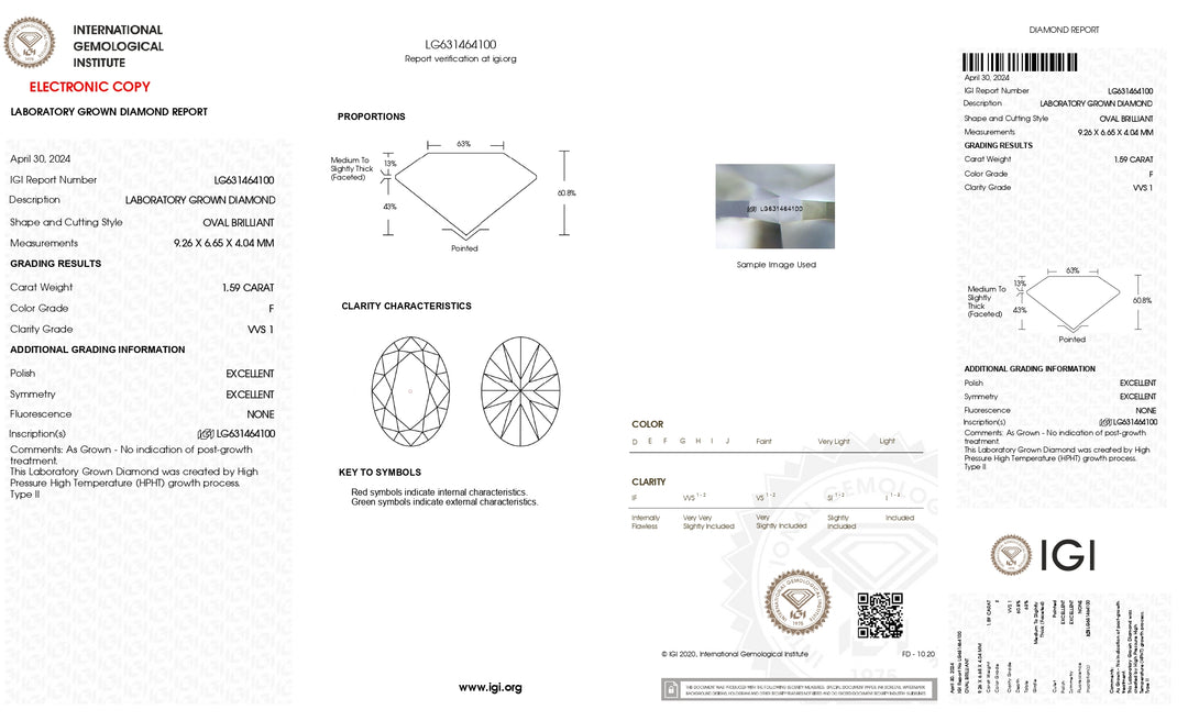 IGI Certified 1.59 CT Oval Cut HPHT Lab-Grown Diamond – VVS1 Clarity, F Color