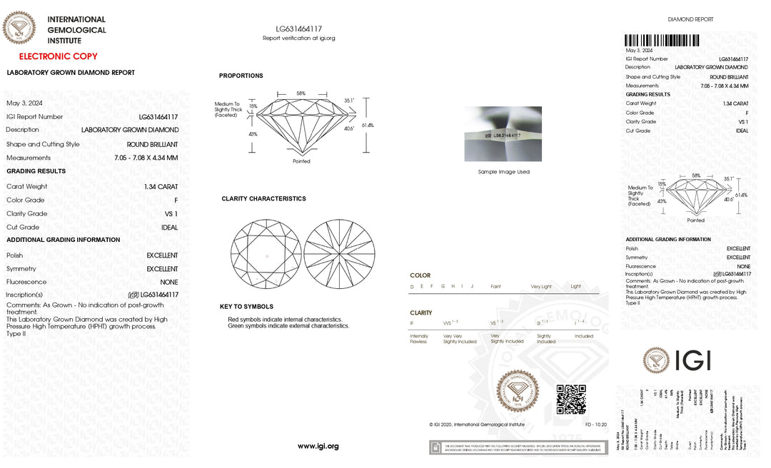 Diamant rond cultivé en laboratoire certifié IGI de 1,34 ct – Couleur F, pureté VS1, taille idéale