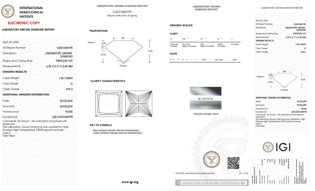 IGI Certified 1.55 CT Princess Cut Lab Grown Diamond - VVS2 Clarity, G Color