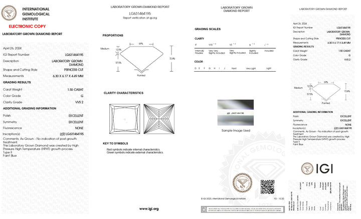 IGI Certified 1.55 CT Princess Cut Lab Grown Diamond - VVS2 Clarity, G Color