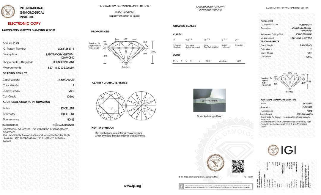 IGI Certified 2.30 CT Round Cut Lab Grown Diamond | VS2 Clarity | F Color