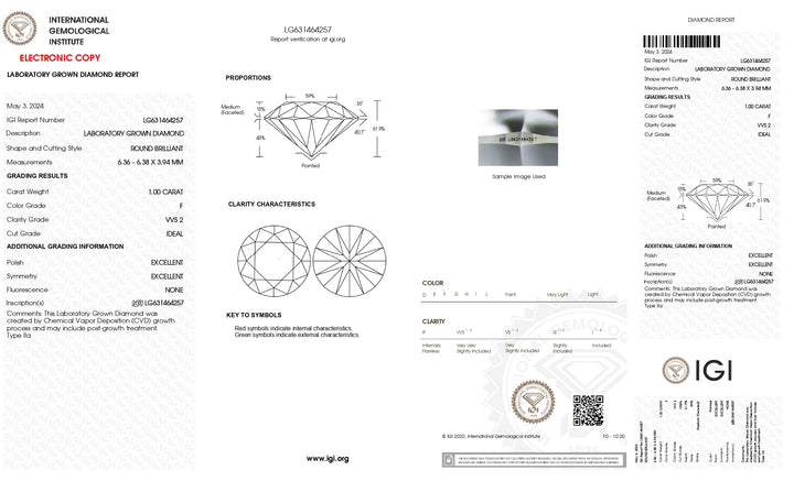 IGI Certified 1.00 CT Round Lab Grown Diamond: VVS2 Clarity, Exquisite F Color