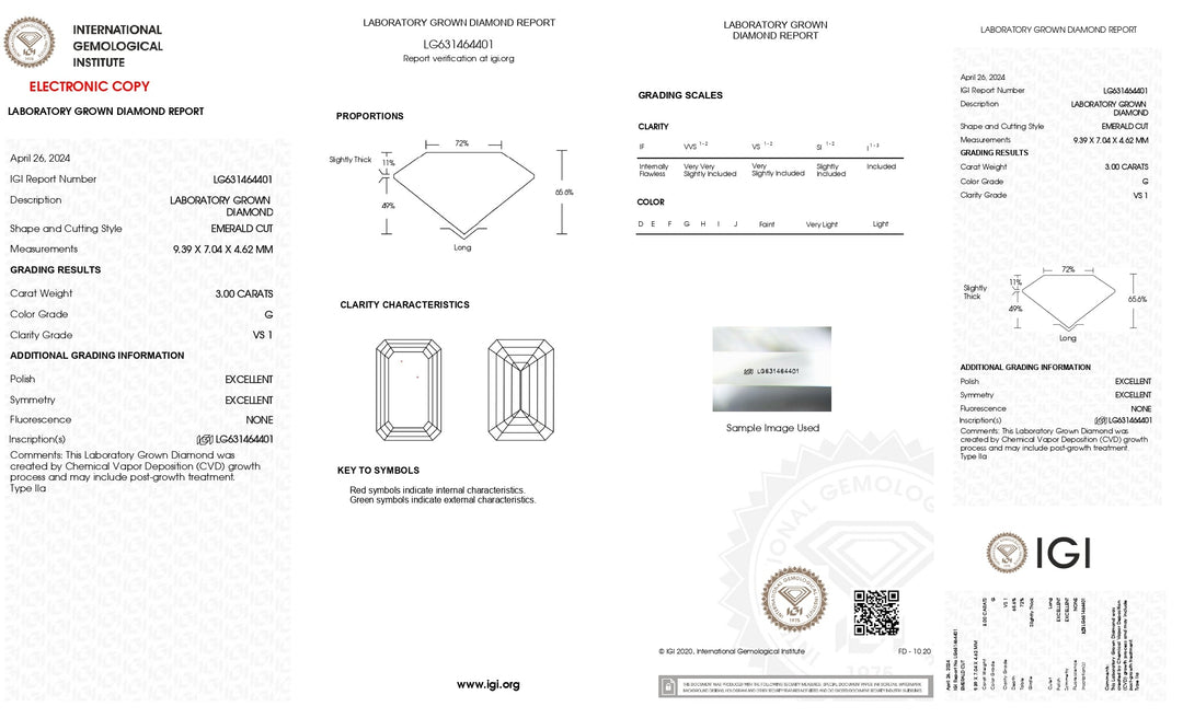 IGI Certified 3.00 CT Emerald Cut Lab-Grown Diamond - G Color, Very Slightly Included (VS1)