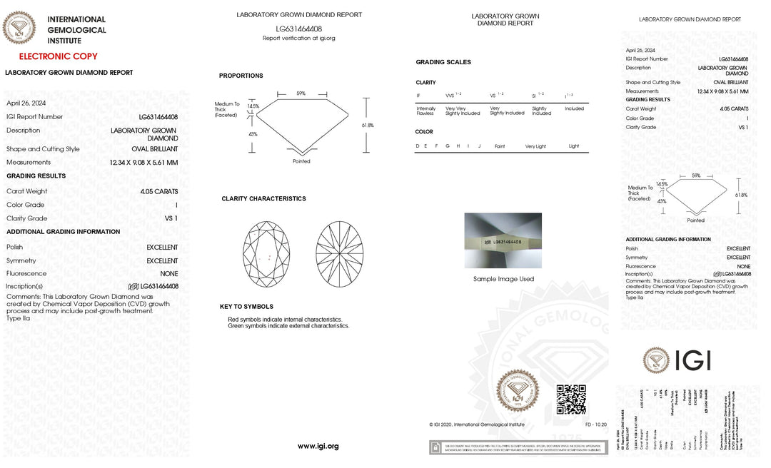 IGI Certified 4.05 CT Oval Cut Lab-Grown Diamond, I Color, VS1 Clarity