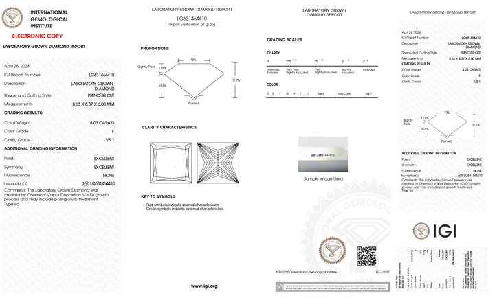 IGI Certified 4.03 CT Princess Cut Lab-Grown Diamond - VS1 Clarity, F Color