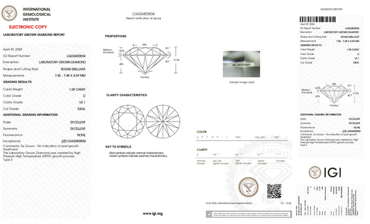 IGI Certified 1.58 CT Round Cut Lab-Grown Diamond – D Color, VS1 Clarity, Ideal Cut