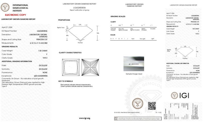 Diamante cultivado en laboratorio de talla princesa de 1,55 quilates con certificación IGI: claridad VVS2, color F