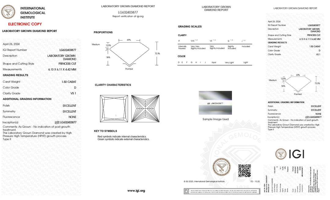 Diamant cultivé en laboratoire certifié IGI 1,50 CT taille princesse (couleur D, clarté VS1)