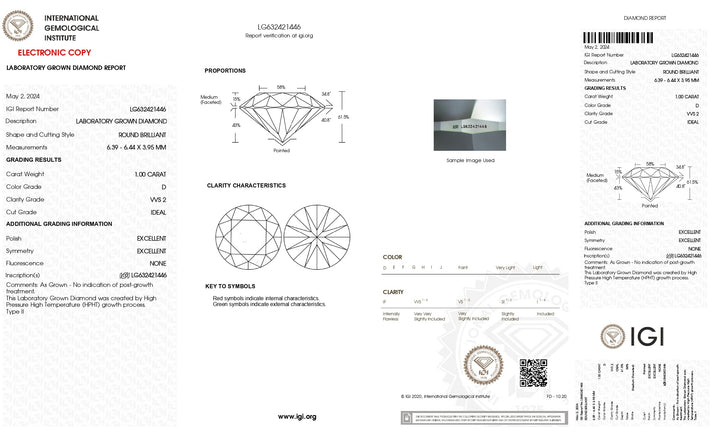 Diamante redondo cultivado en laboratorio de 1,00 quilates con certificación IGI: color D, claridad VVS2