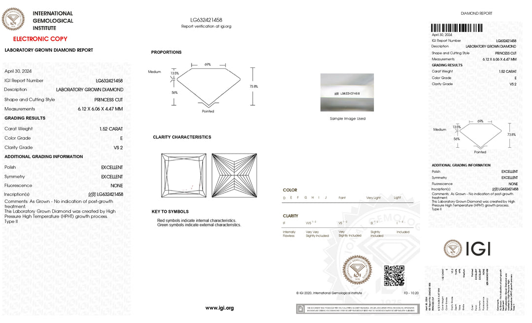 Diamant cultivé en laboratoire, taille princesse, 1,52 ct, certifié IGI (VS2, couleur E)