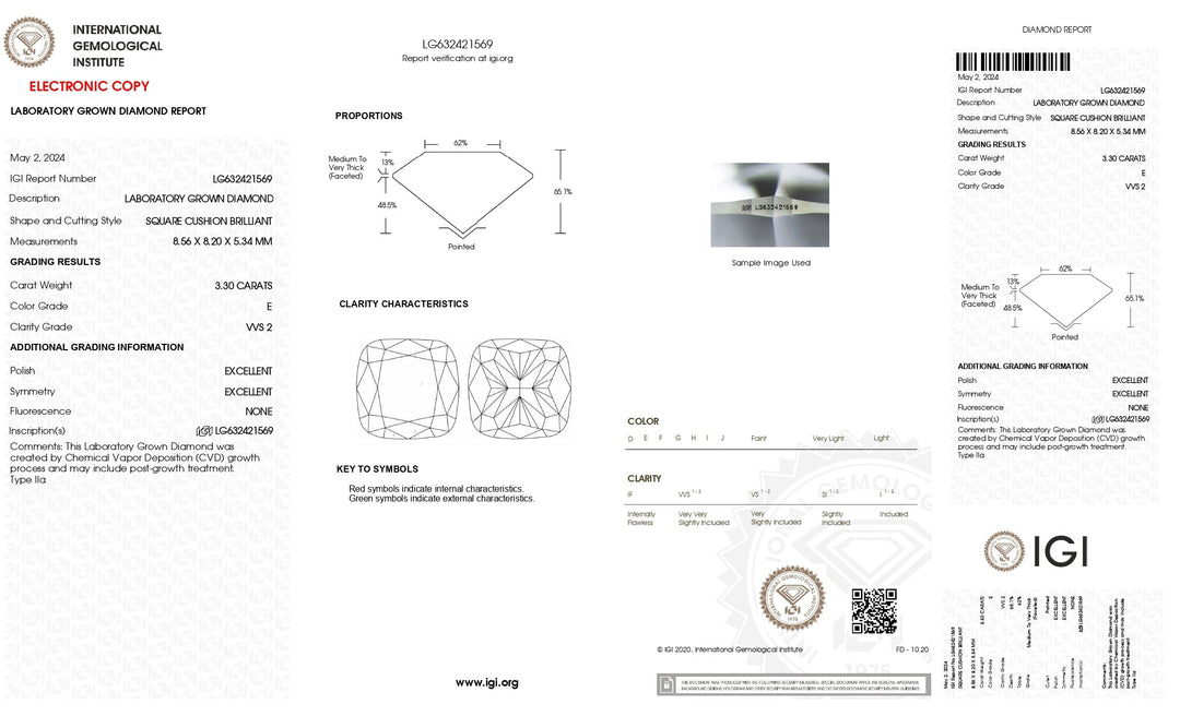 Diamant cultivé en laboratoire, taille coussin, certifié IGI, 3,30 ct, couleur E, clarté VVS2