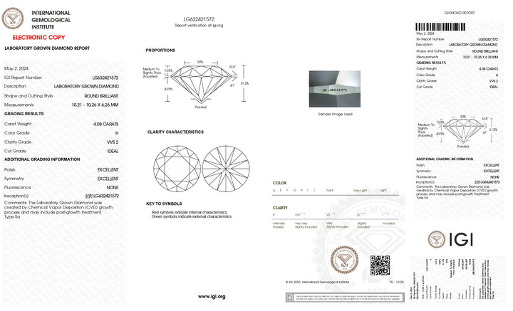 IGI Certified 4.08 CT Round Cut Lab Grown Diamond - VVS2 Clarity, H Color, Ideal Cut