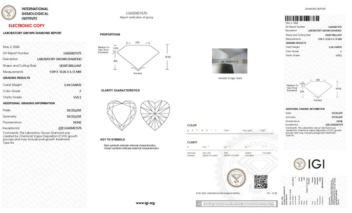 IGI Certified 3.34 CT Heart-Cut Lab-Grown Diamond - F Color, VVS2 Clarity