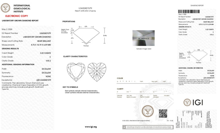 IGI Certified 3.22 CT Heart-Cut Lab-Grown Diamond - E Color, VVS2 Clarity