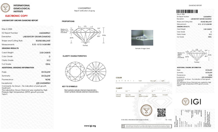 IGI Certified 2.00 CT Round Lab-Grown Diamond (VS2 Clarity, D Color)