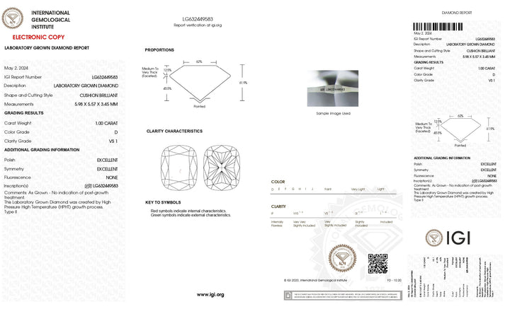 IGI Certified 1.00 CT Cushion Cut Lab-Grown Diamond - D Color, VS1 Clarity