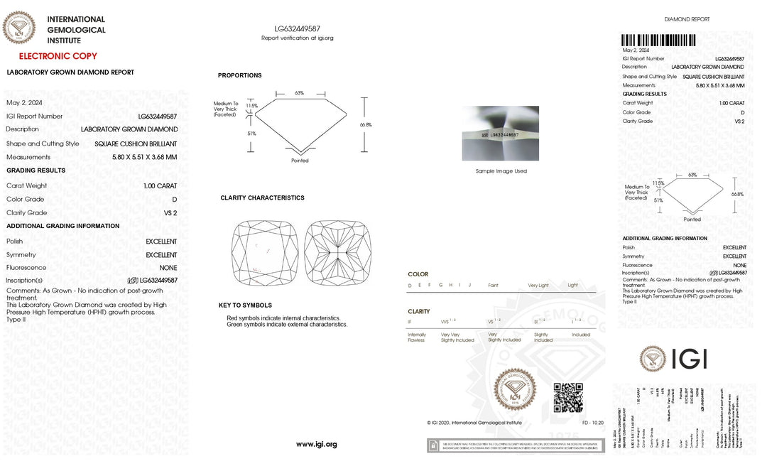 Diamant cultivé en laboratoire certifié IGI 1,00 CT taille coussin - Couleur D, clarté VS2