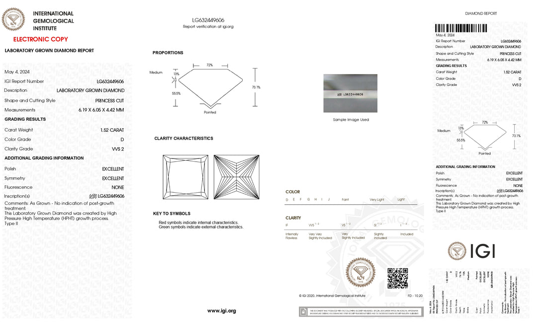 IGI Certified 1.52 CT Princess Cut Lab Grown Diamond - VVS2 D Color