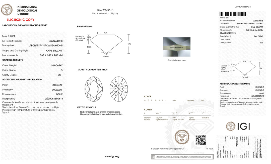 IGI Certified 1.46 CT Oval Cut Lab-Grown Diamond, D Color, VS1 Clarity