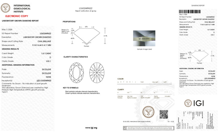 Diamant cultivé en laboratoire de taille ovale de 1,61 CT certifié IGI - Couleur D, clarté VVS1