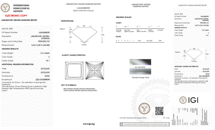 IGI Certified 1.51 CT Princess Cut Lab-Grown Diamond - VS1 Clarity, E Color